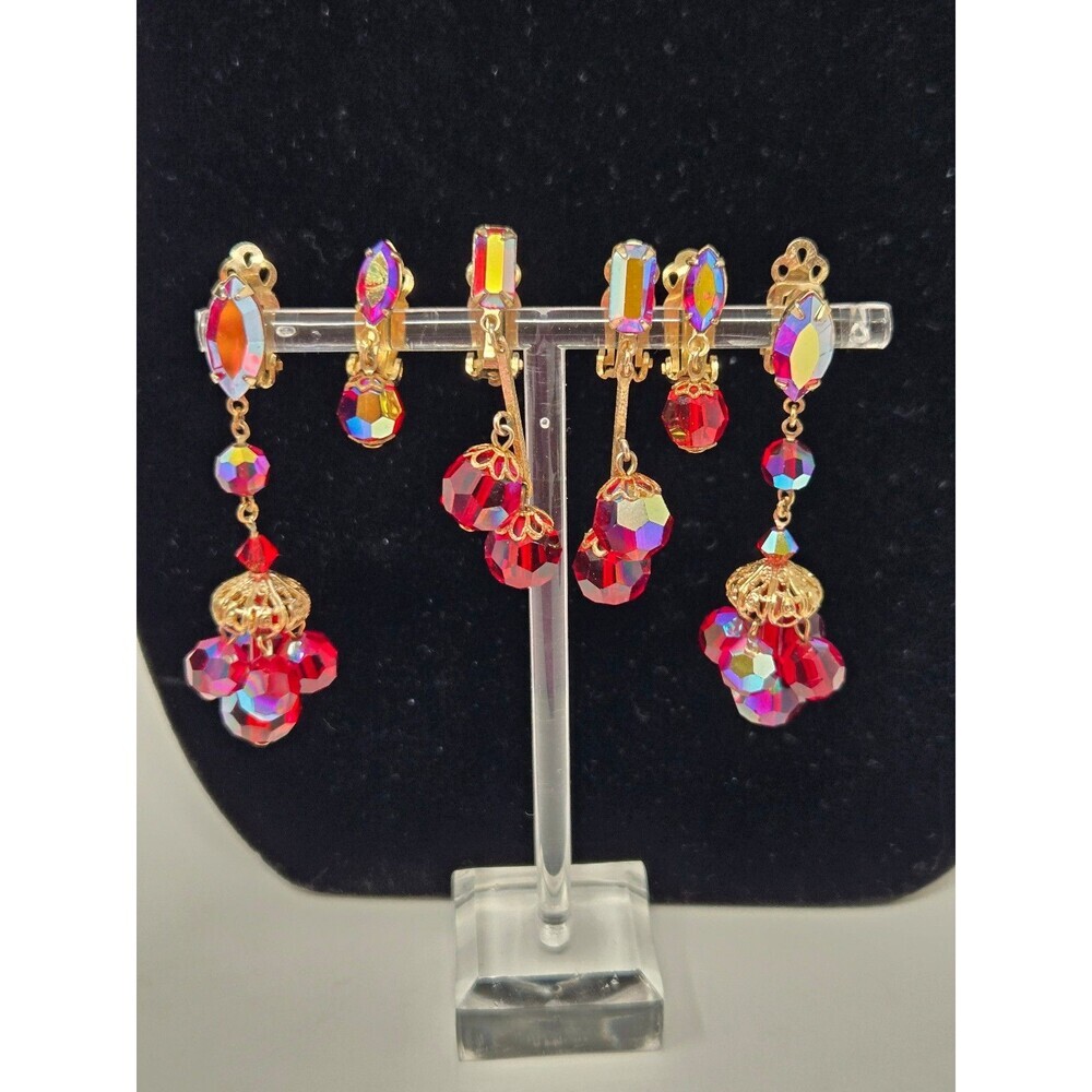 VINTAGE LEWIS SEGAL RED & GOLD EARRING BUNDLE SET OF 3 WOMEN JEWELRY DANGLE BEAD
